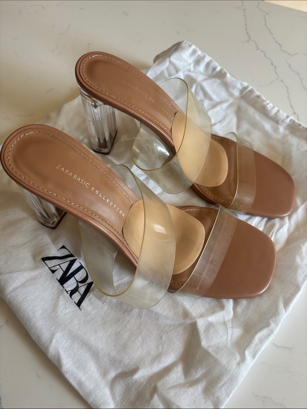 Zara Clear-Strap Tan Block Heel Sandals